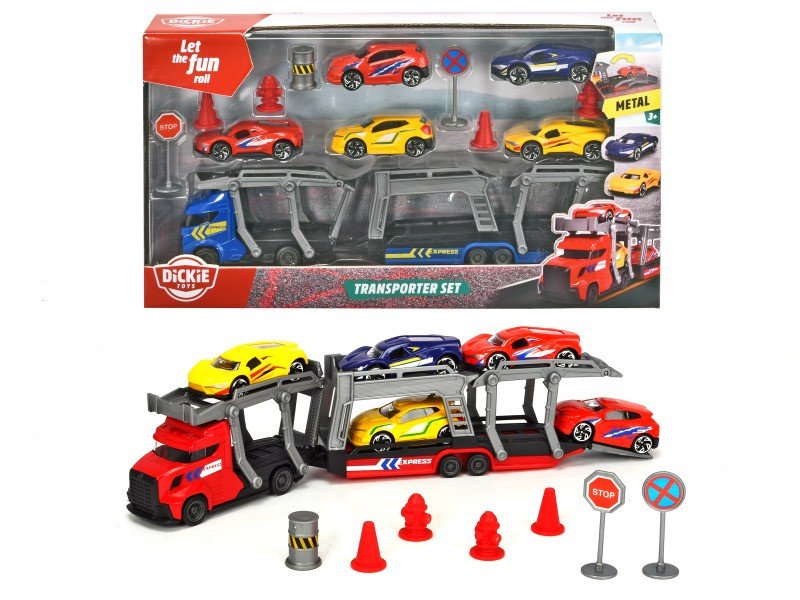 Car Transporter with Cars and Road Accessories DICKIE CITY