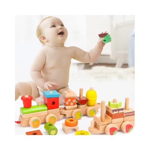 Wooden Fruit 3 Trains Building Block Educational Children Toy Wooden