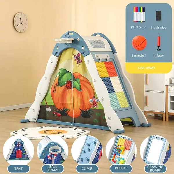 Multi Folding Playhouse Set with Tent, Drawing Board, Climbing Wall and more