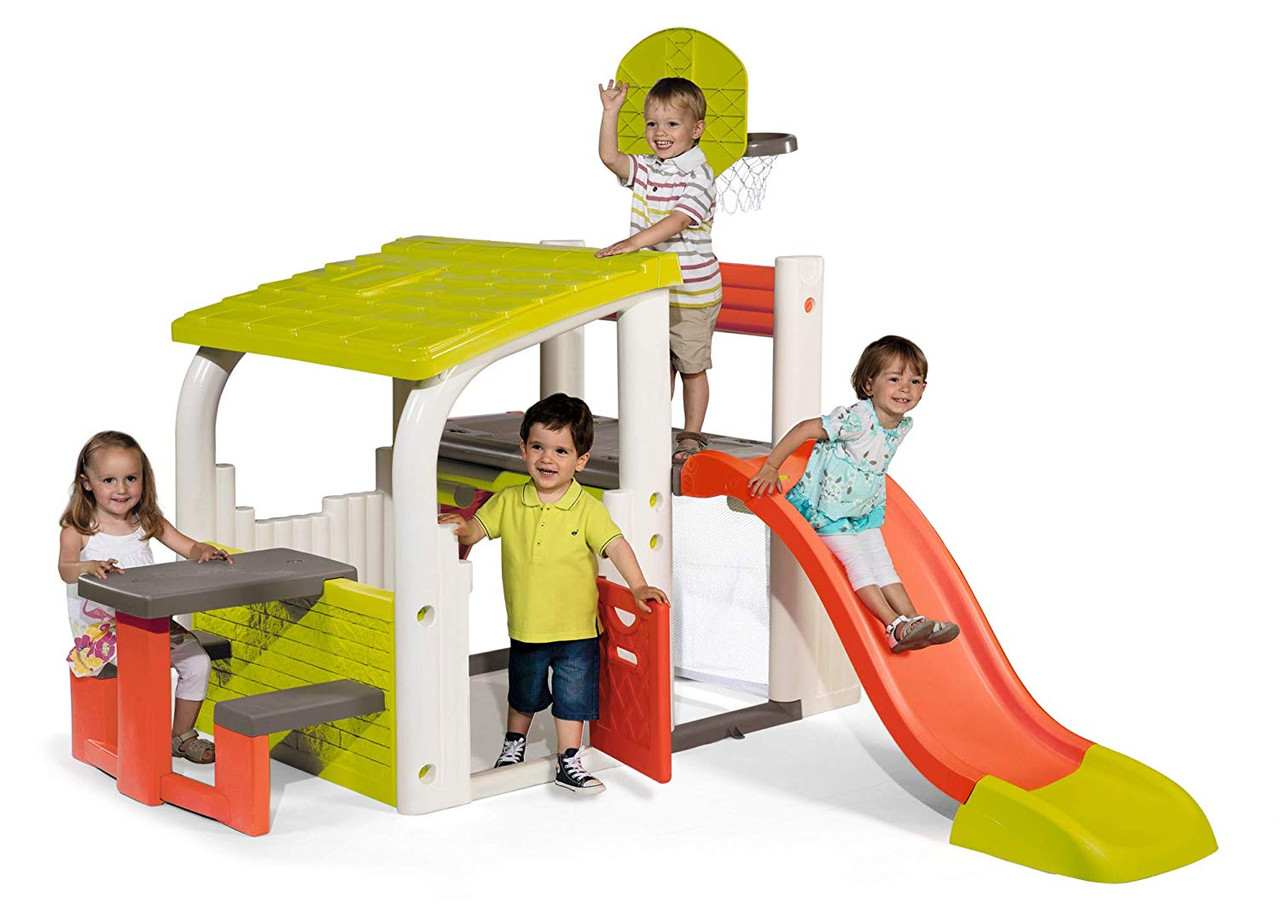 Multifunctional Playground with House, Slide, Bench, Climbing Wall and Basketball Hoop SMOBY