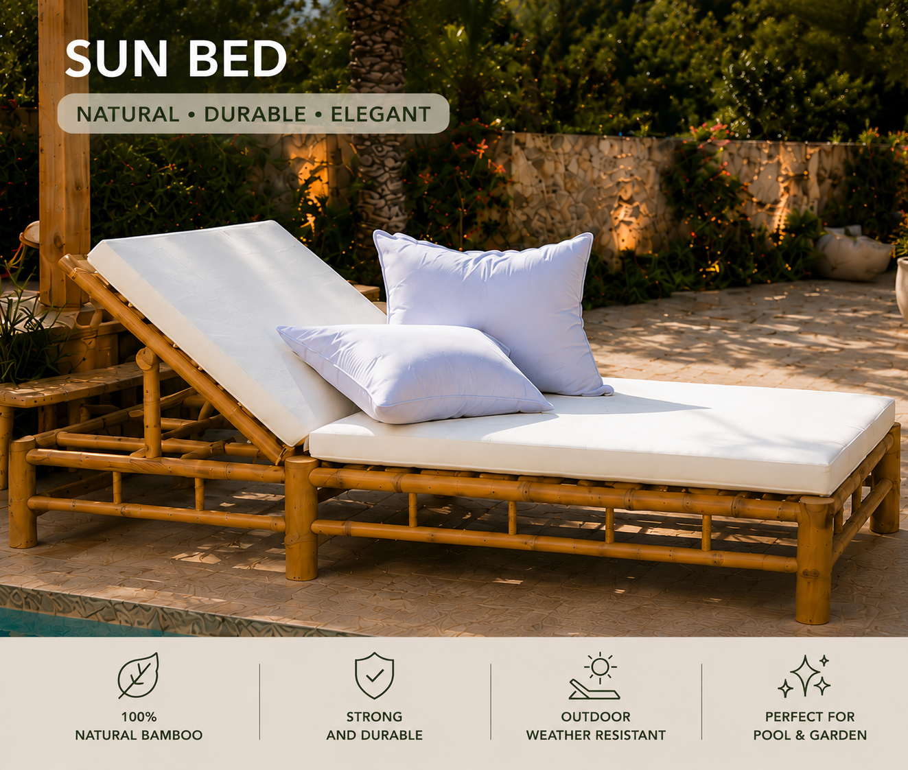 Bamboo Sun Bed 180cm x 65cm x H35/70cm